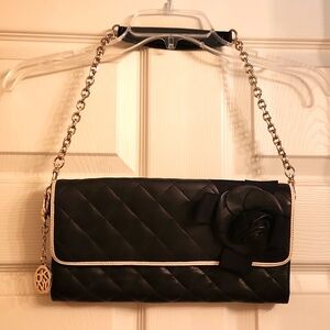 DKNY Quilted Genuine Leather Clutch Chain Strap Rose Detail Black White